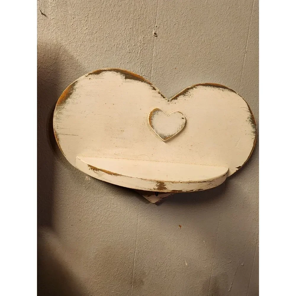 Vintage White Washed Rustic Wood Heart Shelf With Key Hook. 14